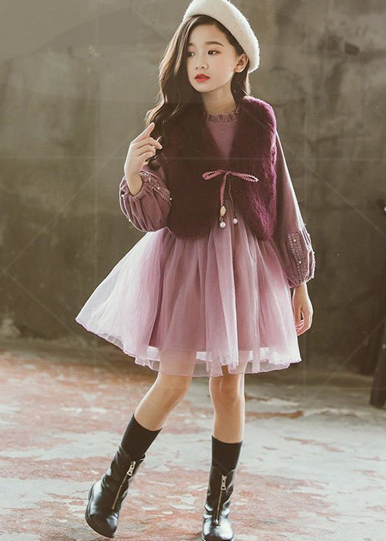 Classy Dark Purple V Neck Girls Leather Fur Waistcoat And Tulle Dress Two Piece Set Fall Ada Fashion