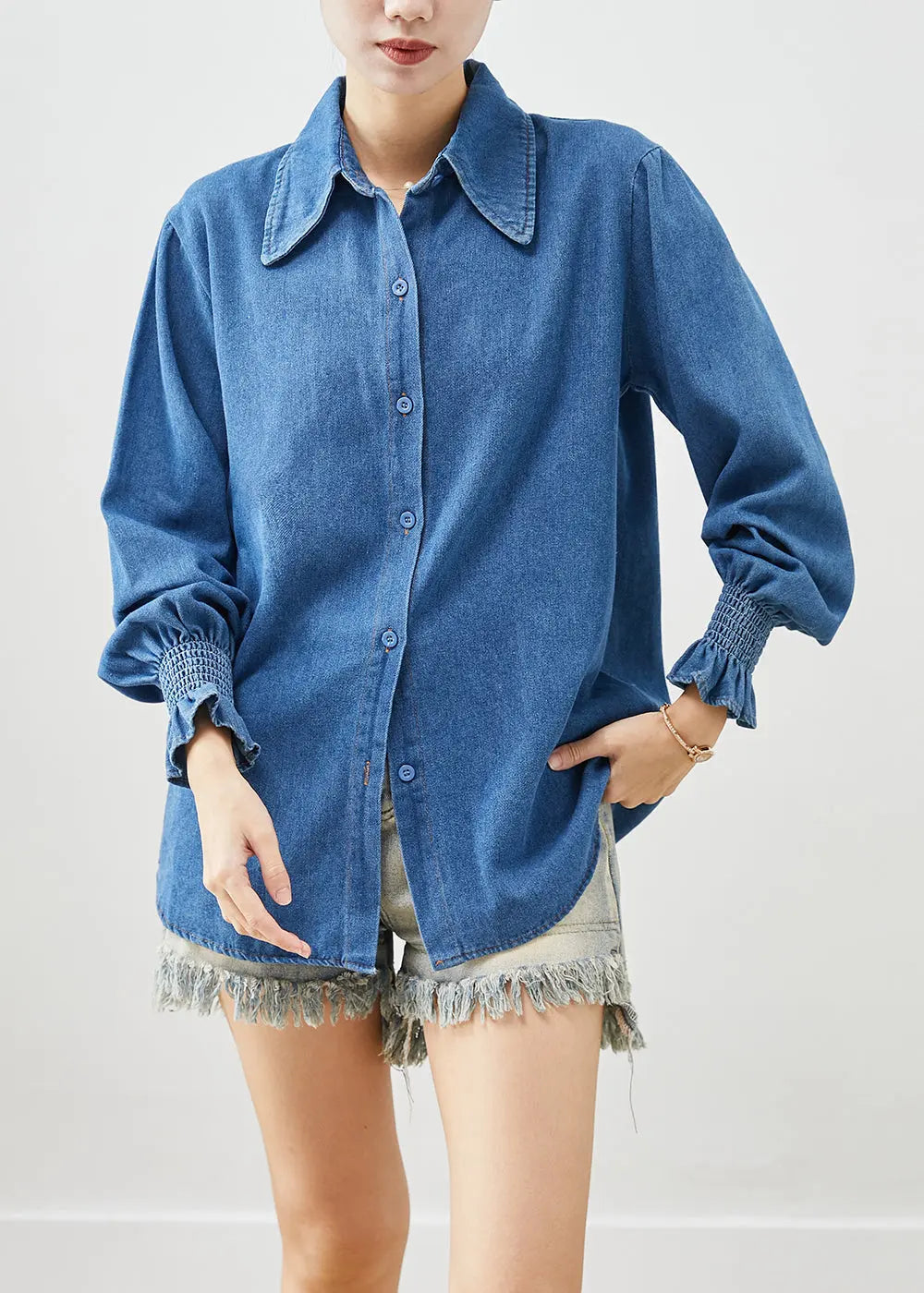 Classy Denim Blue Oversized Cotton Shirt Lantern Sleeve Ada Fashion