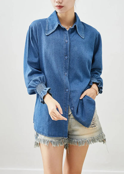 Classy Denim Blue Oversized Cotton Shirt Lantern Sleeve Ada Fashion