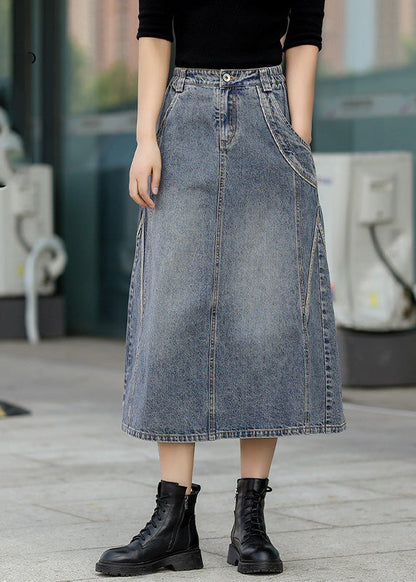 Classy Denim Blue Patchwork Elastic Waist A Line Skirt TY1005 - fabuloryshop