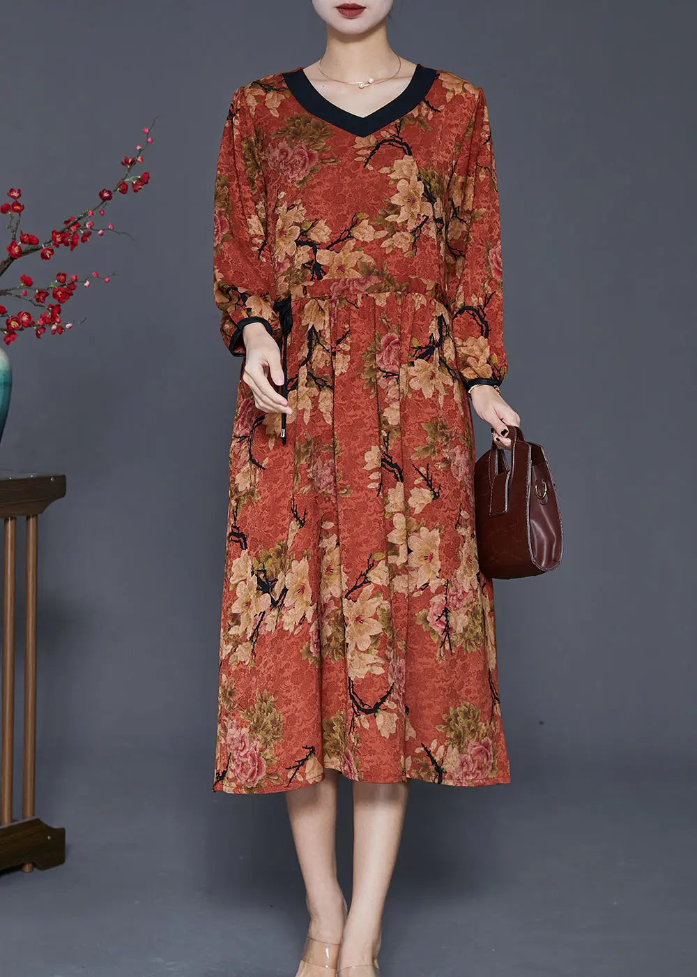 Classy Dull Red Cinched Print Maxi Dress Fall Ada Fashion