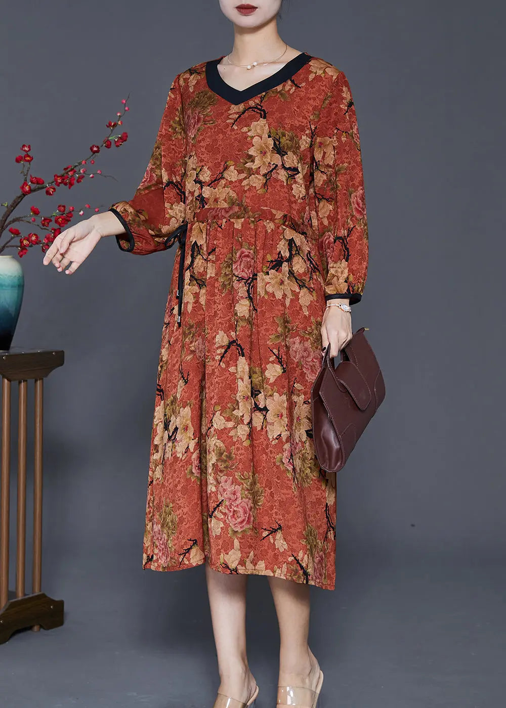 Classy Dull Red Cinched Print Maxi Dress Fall Ada Fashion