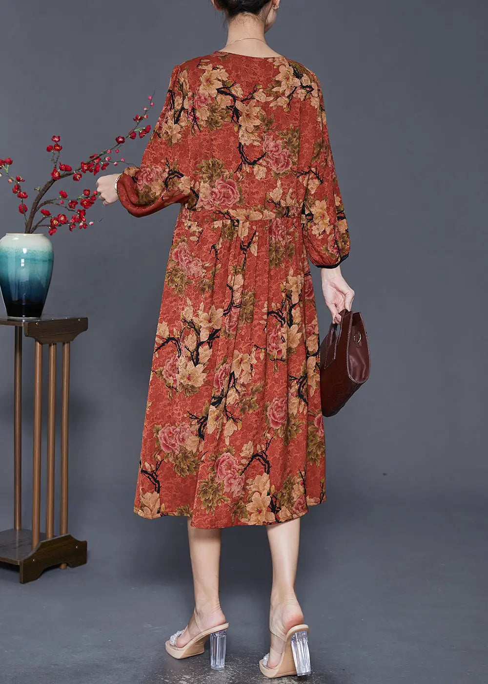 Classy Dull Red Cinched Print Maxi Dress Fall Ada Fashion