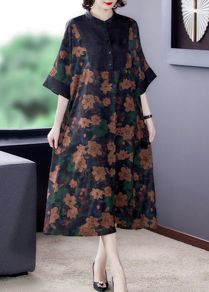 Classy Floral Stand Collar Button Patchwork Silk Dresses Summer LY5973 Ada Fashion