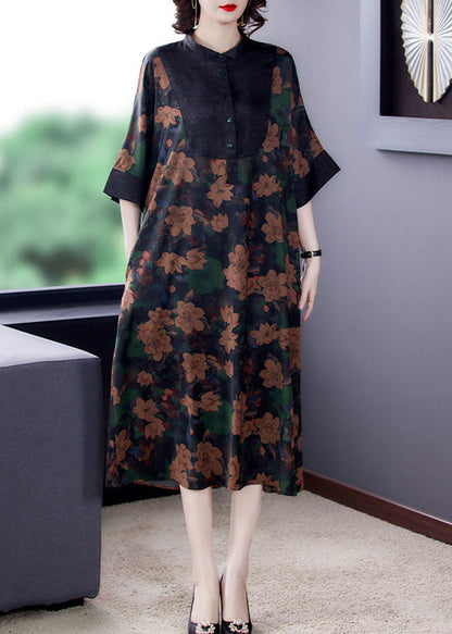 Classy Floral Stand Collar Button Patchwork Silk Dresses Summer LY5973 Ada Fashion