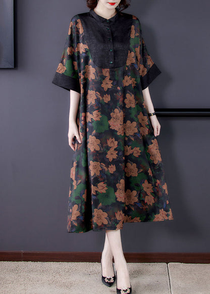 Classy Floral Stand Collar Button Patchwork Silk Dresses Summer LY5973 Ada Fashion