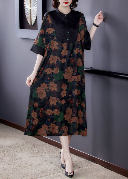 Classy Floral Stand Collar Button Patchwork Silk Dresses Summer LY5973 Ada Fashion