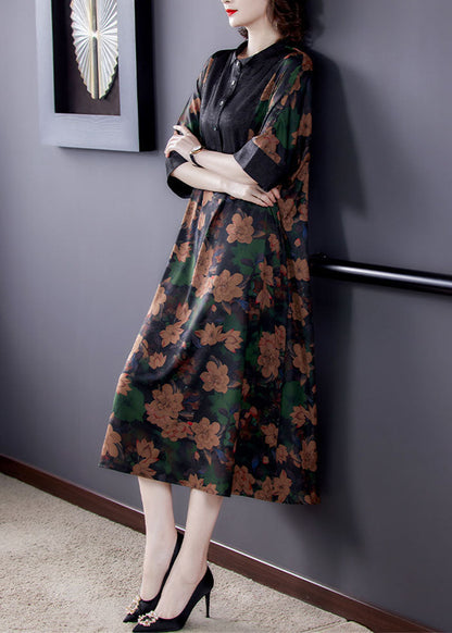 Classy Floral Stand Collar Button Patchwork Silk Dresses Summer LY5973 Ada Fashion