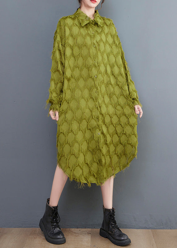 Classy Green Asymmetrical Patchwork Maxi Shirts Dresses Spring LY0647