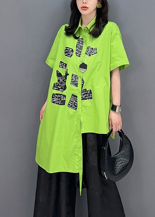 Classy Green Asymmetrical Print Button Shirts Short Sleeve LY4365 - fabuloryshop