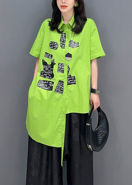 Classy Green Asymmetrical Print Button Shirts Short Sleeve LY4365 - fabuloryshop