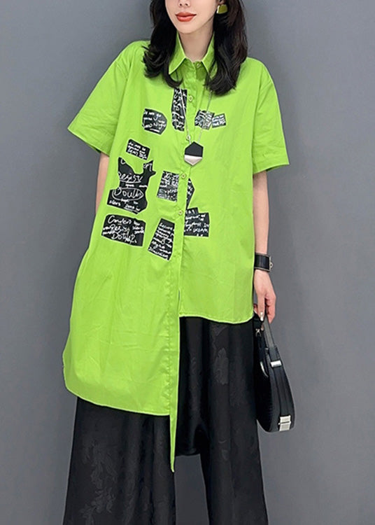 Classy Green Asymmetrical Print Button Shirts Short Sleeve LY4365 - fabuloryshop