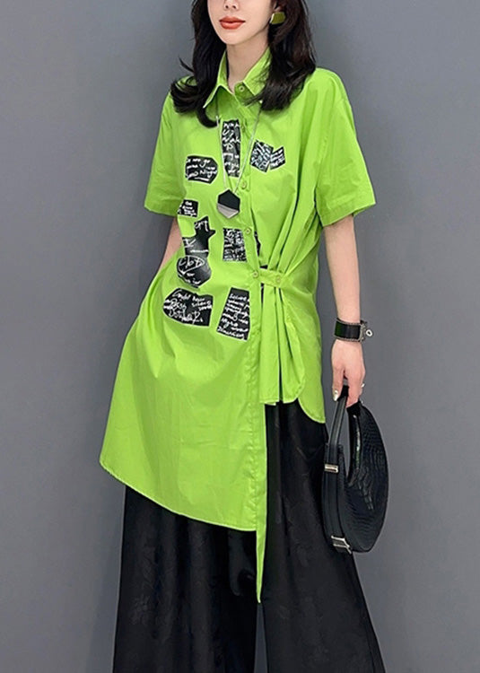 Classy Green Asymmetrical Print Button Shirts Short Sleeve LY4365 - fabuloryshop