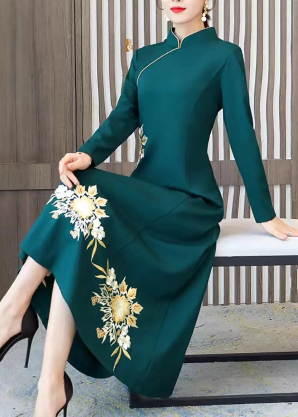 Classy Green Embroideried Patchwork Cotton Maxi Dresses Fall Ada Fashion