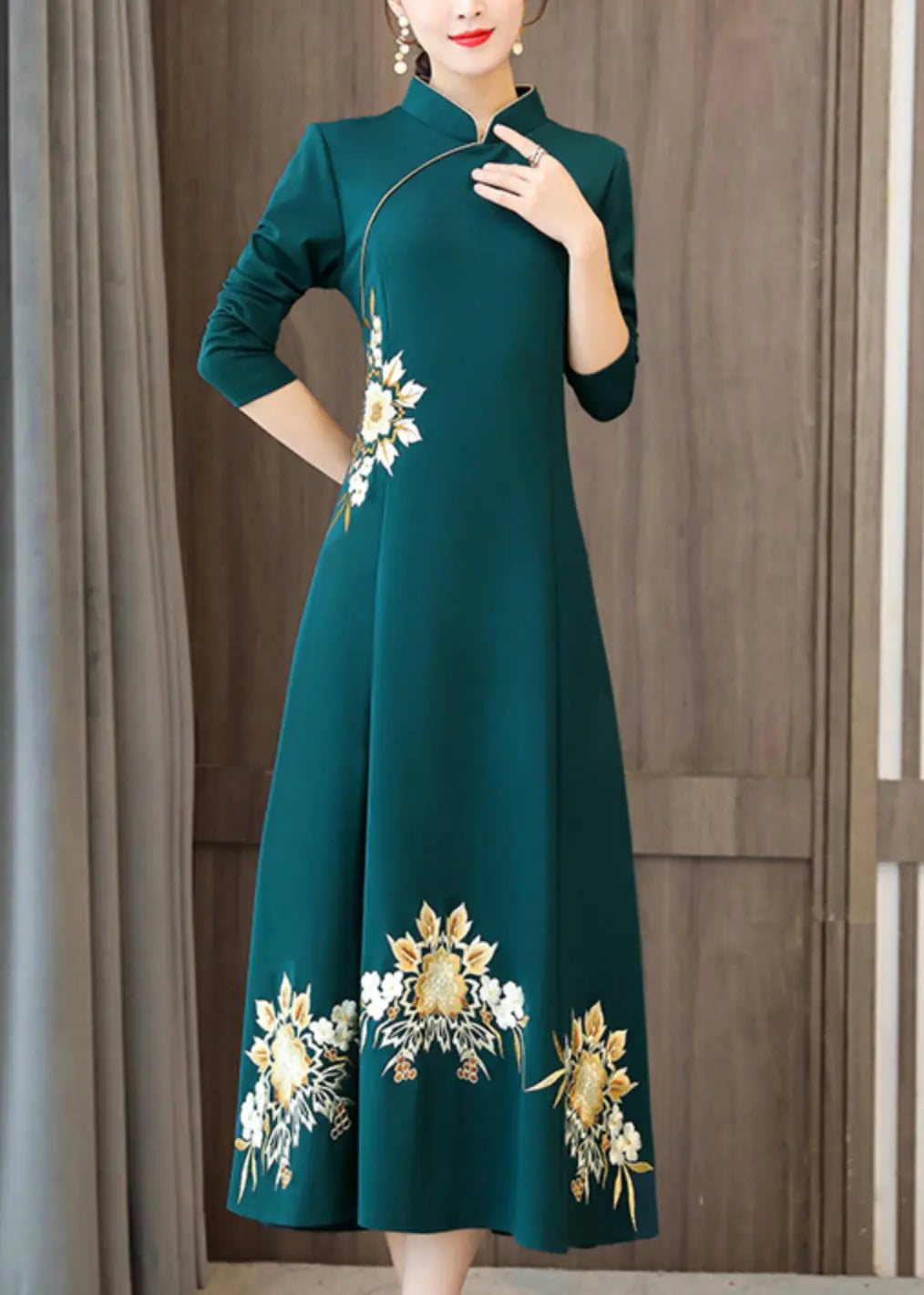 Classy Green Embroideried Patchwork Cotton Maxi Dresses Fall Ada Fashion