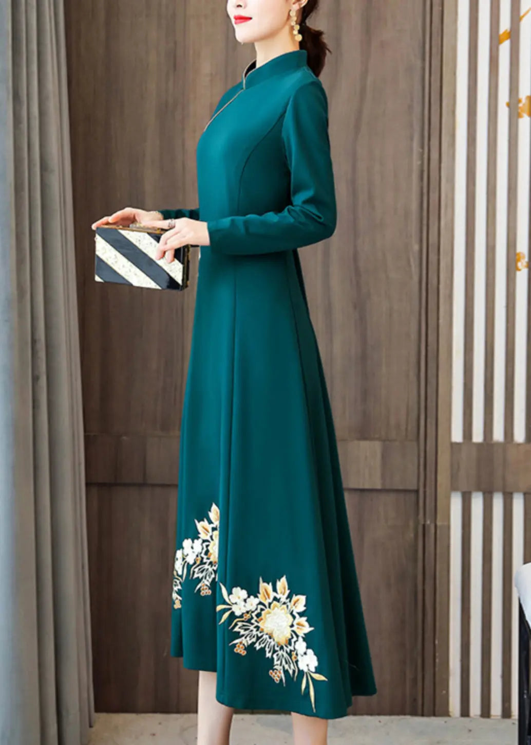 Classy Green Embroideried Patchwork Cotton Maxi Dresses Fall Ada Fashion