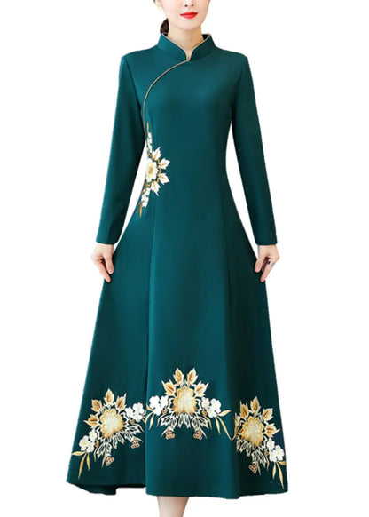 Classy Green Embroideried Patchwork Cotton Maxi Dresses Fall Ada Fashion