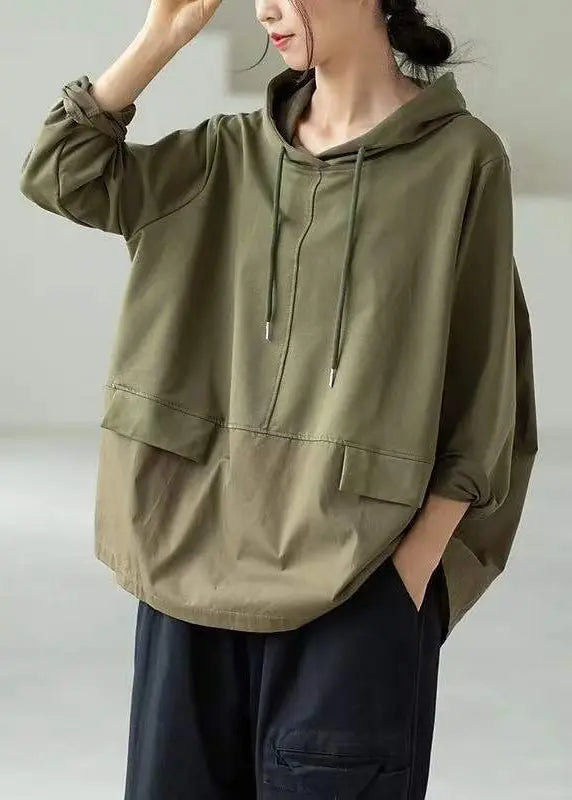 Classy Green Hooded Patchwork Side Open Cotton Sweatshirt Fall Ada Fashion