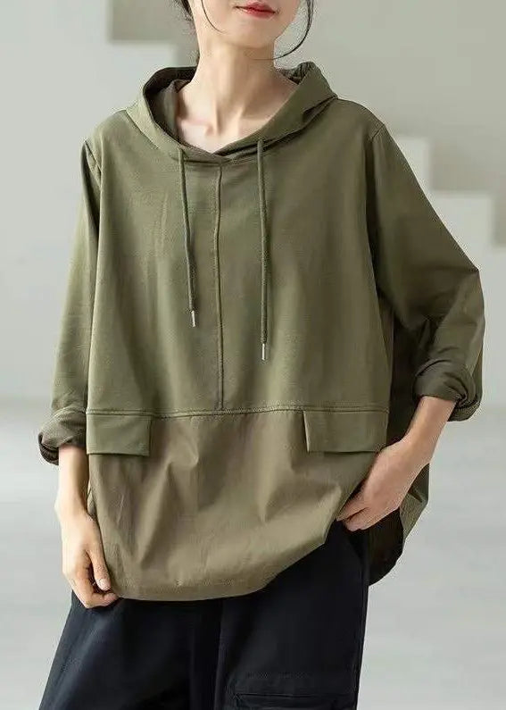 Classy Green Hooded Patchwork Side Open Cotton Sweatshirt Fall Ada Fashion