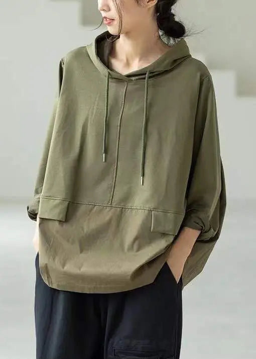 Classy Green Hooded Patchwork Side Open Cotton Sweatshirt Fall Ada Fashion