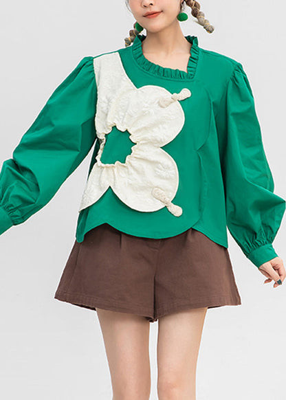 Classy Green O-Neck Patchwork Cotton Shirt Spring LY0809 - fabuloryshop