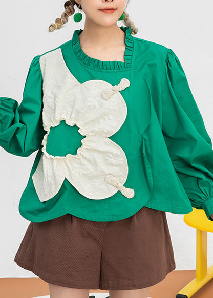 Classy Green O-Neck Patchwork Cotton Shirt Spring LY0809 - fabuloryshop