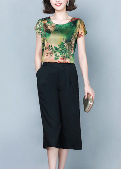 Classy Green O-Neck Print Tops And Pants Two Piece Suit Set Summer LY0477 - fabuloryshop