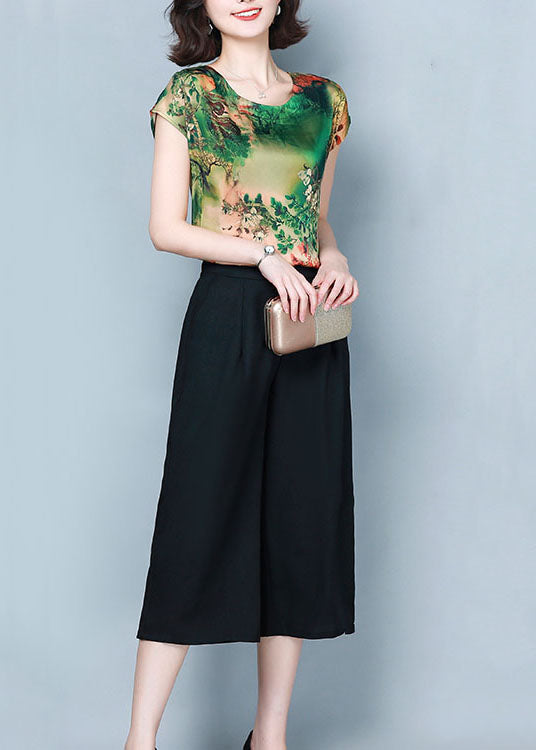 Classy Green O-Neck Print Tops And Pants Two Piece Suit Set Summer LY0477 - fabuloryshop