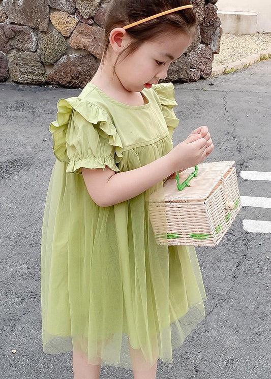 Classy Green O-Neck Ruffled Patchwork Tulle Girls Long Dresses Summer LY6440 - fabuloryshop