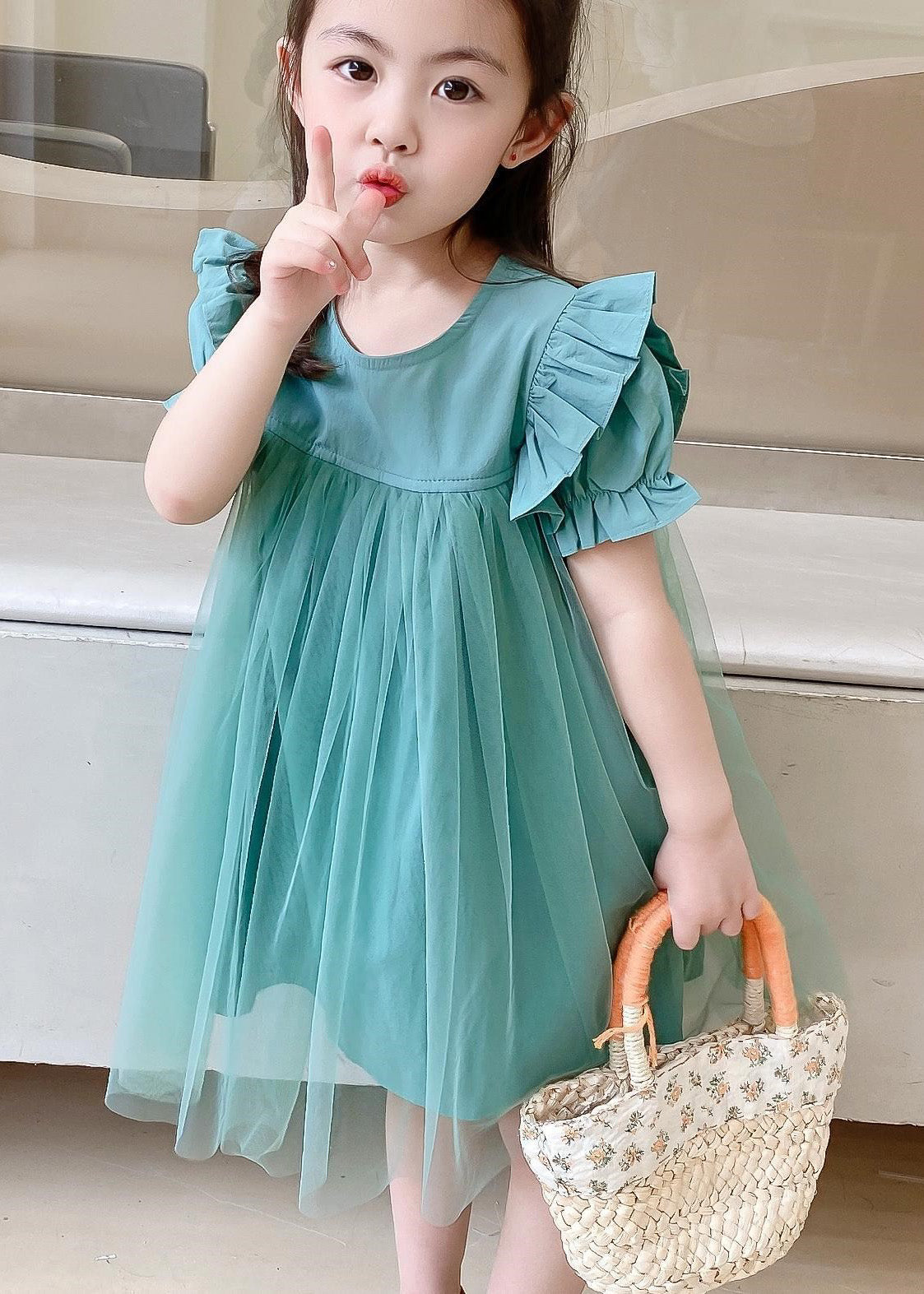 Classy Green O-Neck Ruffled Patchwork Tulle Girls Long Dresses Summer LY6440 - fabuloryshop