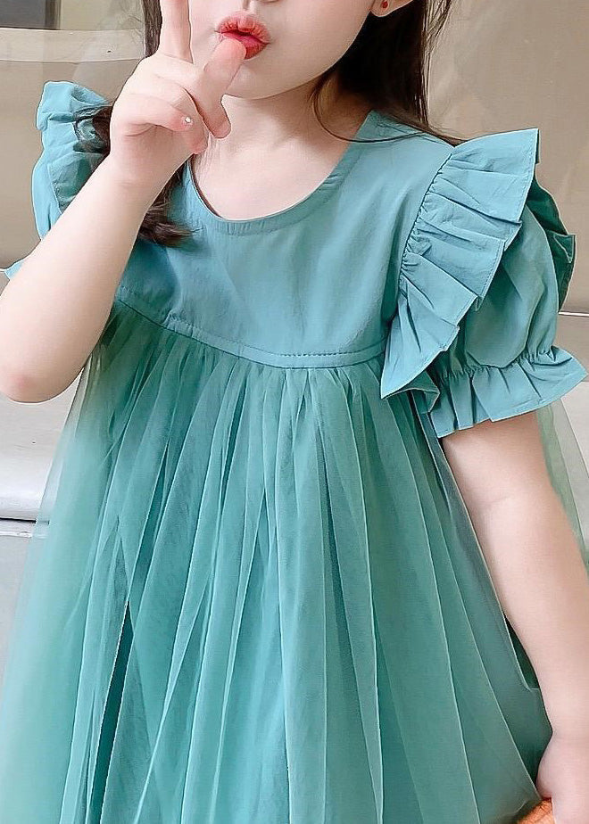 Classy Green O-Neck Ruffled Patchwork Tulle Girls Long Dresses Summer LY6440 - fabuloryshop