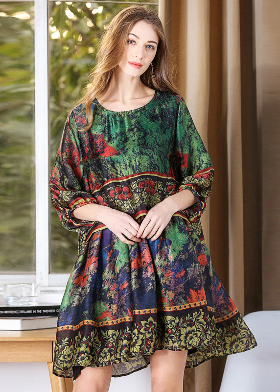 Classy Green Oversized Tie Dye Silk Mid Dress Lantern Sleeve LY0316 - fabuloryshop