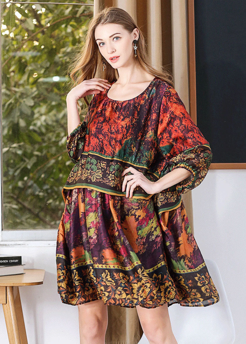 Classy Green Oversized Tie Dye Silk Mid Dress Lantern Sleeve LY0316 - fabuloryshop