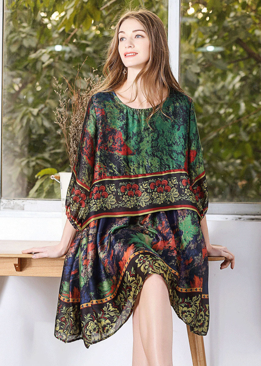 Classy Green Oversized Tie Dye Silk Mid Dress Lantern Sleeve LY0316 - fabuloryshop