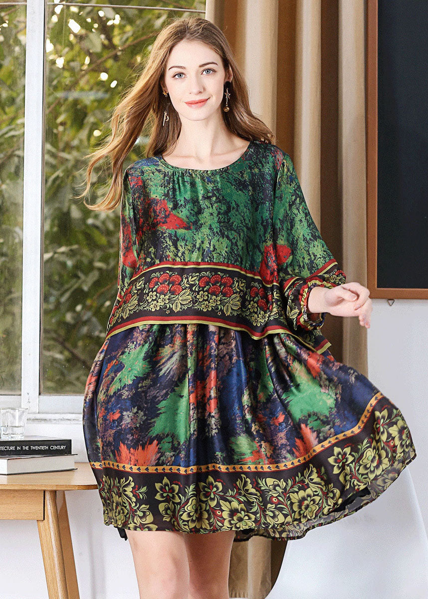 Classy Green Oversized Tie Dye Silk Mid Dress Lantern Sleeve LY0316 - fabuloryshop