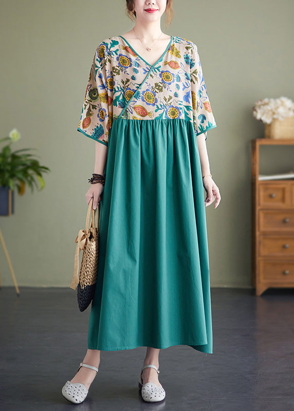 Classy Green Patchwork Wrinkled Cotton Holiday Long Dress Summer Ada Fashion