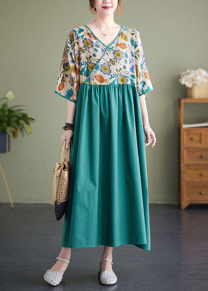 Classy Green Patchwork Wrinkled Cotton Holiday Long Dress Summer Ada Fashion