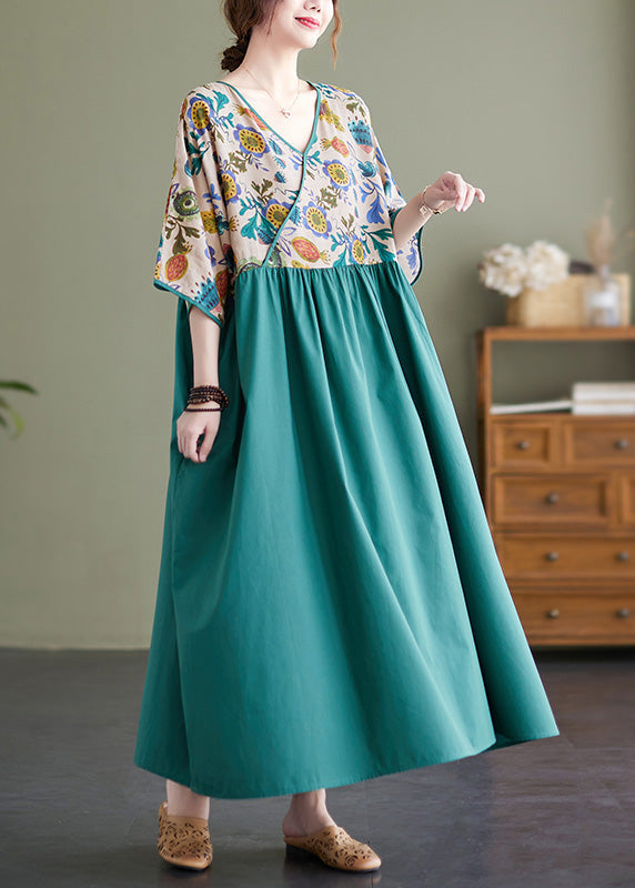 Classy Green Patchwork Wrinkled Cotton Holiday Long Dress Summer Ada Fashion