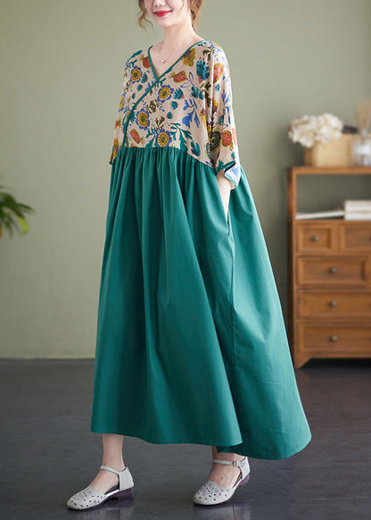 Classy Green Patchwork Wrinkled Cotton Holiday Long Dress Summer Ada Fashion