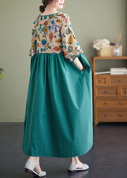 Classy Green Patchwork Wrinkled Cotton Holiday Long Dress Summer Ada Fashion