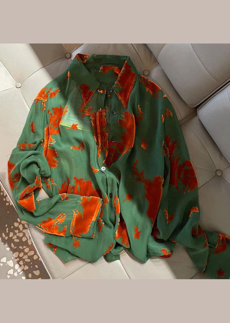 Classy Green Peter Pan Collar Jacquard Patchwork Silk Shirts Fall Ada Fashion