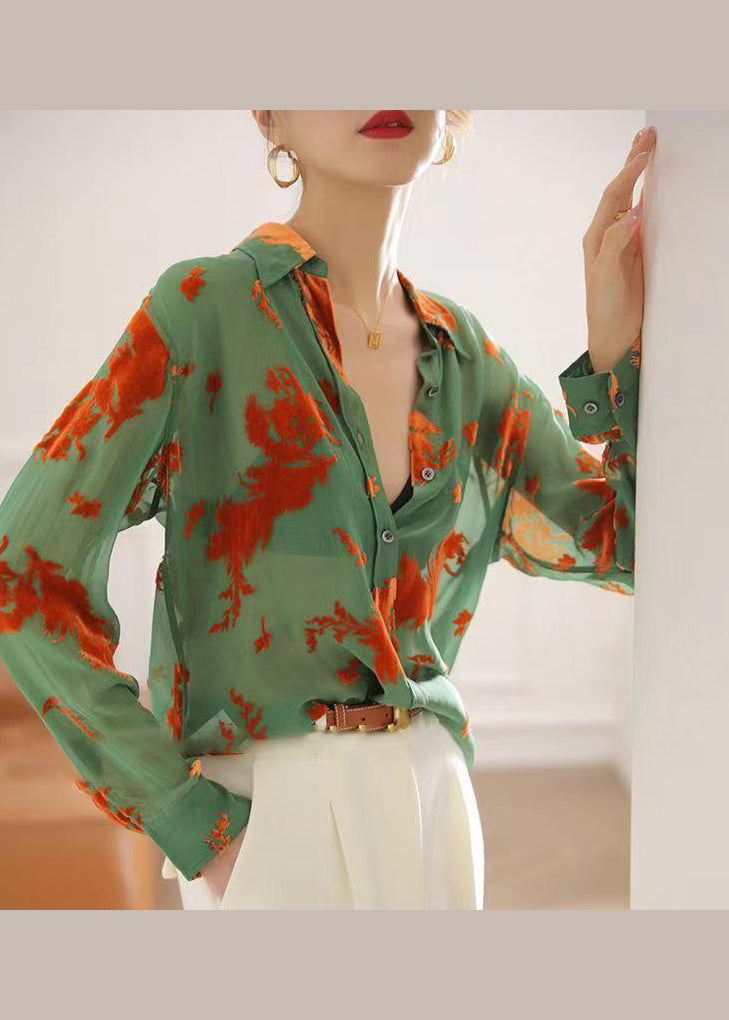 Classy Green Peter Pan Collar Jacquard Patchwork Silk Shirts Fall Ada Fashion