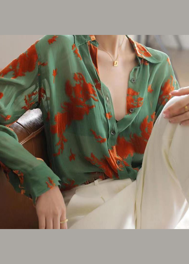 Classy Green Peter Pan Collar Jacquard Patchwork Silk Shirts Fall Ada Fashion