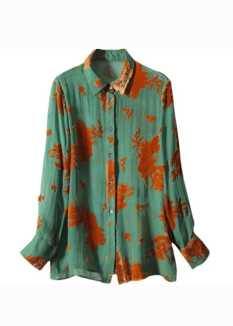 Classy Green Peter Pan Collar Jacquard Patchwork Silk Shirts Fall Ada Fashion