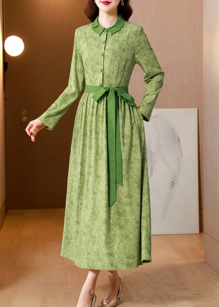 Classy Green Print Tie Waist Patchwork Cotton Long Dress Fall Ada Fashion