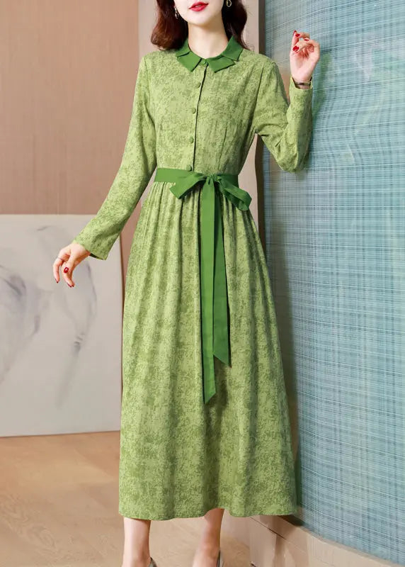 Classy Green Print Tie Waist Patchwork Cotton Long Dress Fall Ada Fashion