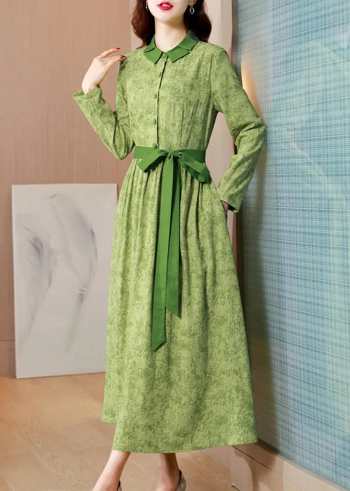 Classy Green Print Tie Waist Patchwork Cotton Long Dress Fall Ada Fashion