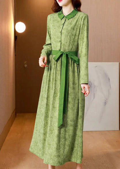 Classy Green Print Tie Waist Patchwork Cotton Long Dress Fall Ada Fashion