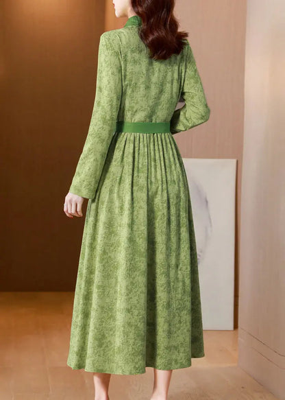 Classy Green Print Tie Waist Patchwork Cotton Long Dress Fall Ada Fashion