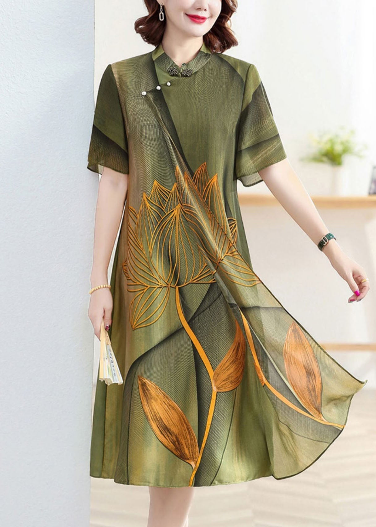 Classy Green Stand Collar Lotus Print Patchwork Silk Dress Summer TP1026 - fabuloryshop